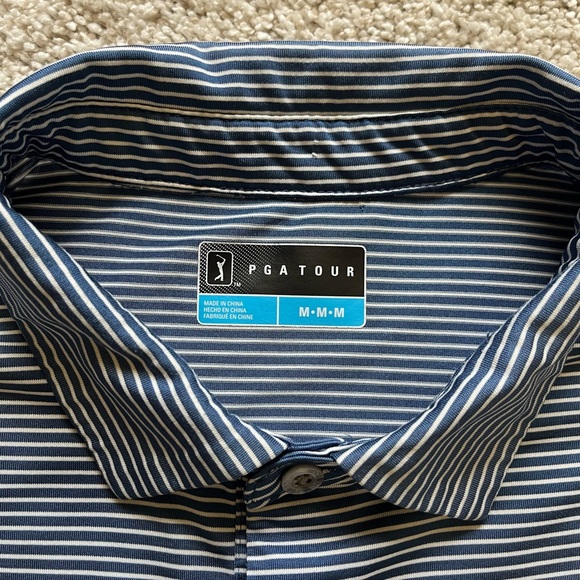 PGA TOUR Men’s Blue White Striped Polo Size Medium Short Sleeve Golf Collar - Picture 3 of 8